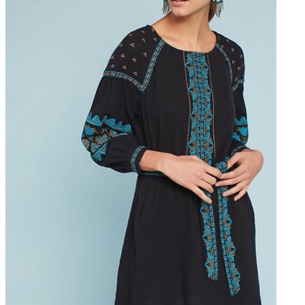 Antik Batik Koti Embroidered Black Cotton Boho Dress Belted Long Sleeve pocket